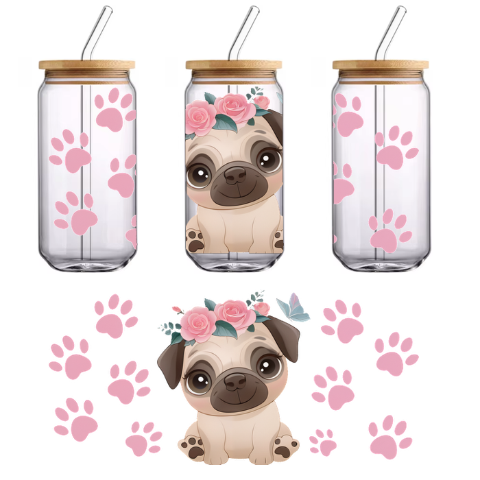 A cute, cartoon-style pug adorned with a floral crown, surrounded by pink paw prints and butterflies.UV Transfers dtf transfers