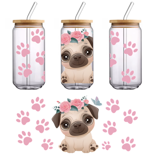 A cute, cartoon-style pug adorned with a floral crown, surrounded by pink paw prints and butterflies.UV Transfers dtf transfers