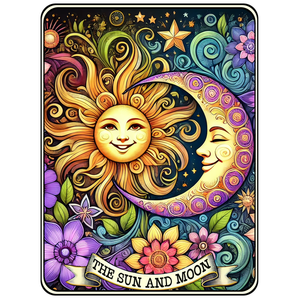 A vibrant and whimsical illustration of the sun and moon surrounded by colorful flowers and celestial patterns, titled "The Sun and Moon." dtf transfers