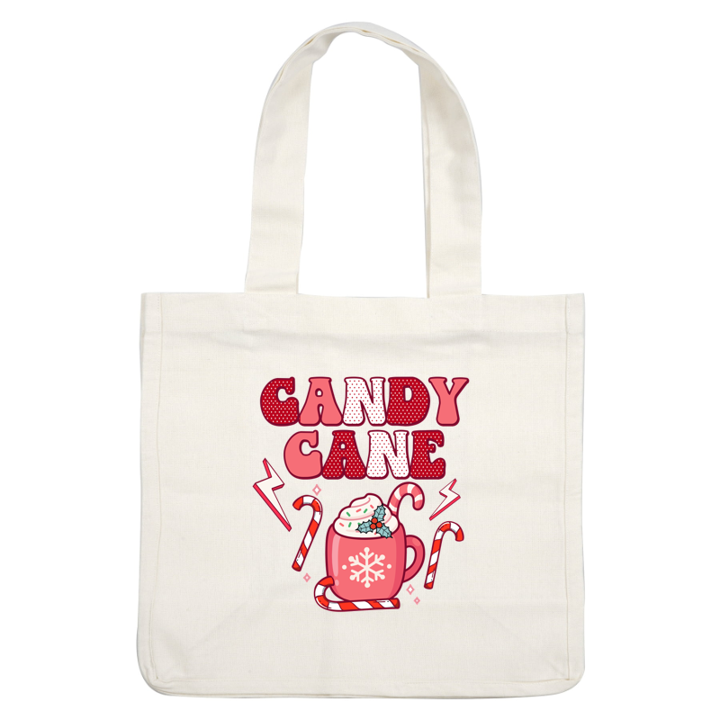 Festive "Candy Cane" design featuring a cheerful mug with whipped cream, holly, and playful candy canes, perfect for holiday cheer! dtf transfers