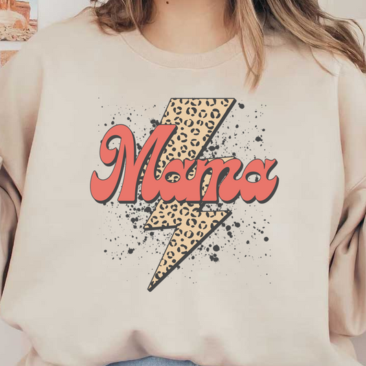 This vibrant graphic features the word "Mama" in playful pink letters, accented with a leopard print lightning bolt.