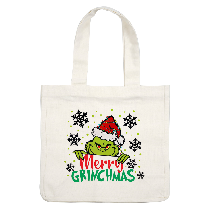 Celebrate the holidays with this fun "Merry Grinchmas" design featuring the iconic green Grinch in a festive Santa hat!DTF Transfersdtf regular iron