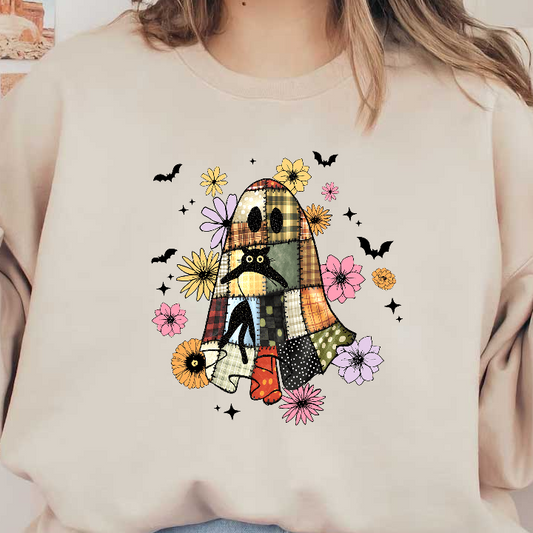 A whimsical patchwork ghost adorned with flowers and a playful cat.DTF Transfers