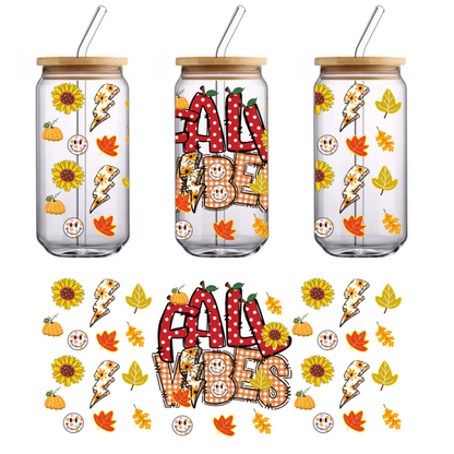 A vibrant, autumn-themed design featuring "FALL VIBES" with pumpkins, sunflowers, colorful leaves, and playful lightning bolts.UV Transfers dtf transfers