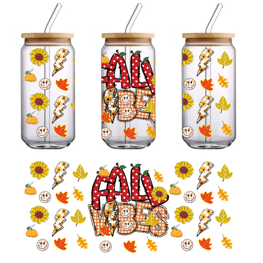 A vibrant, autumn-themed design featuring "FALL VIBES" with pumpkins, sunflowers, colorful leaves, and playful lightning bolts.UV Transfers dtf transfers