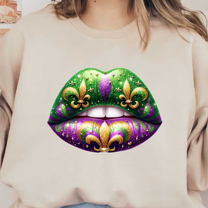 Sparkling and vibrant, these decorated lips feature a stunning mix of purple, green, and gold with intricate patterns.DTF Transfers