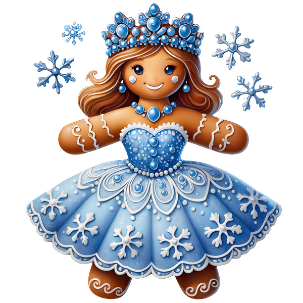 A charming gingerbread girl adorned in a sparkling blue dress, complete with a snowflake crown and frosty accents.DTF Transfers dtf transfers