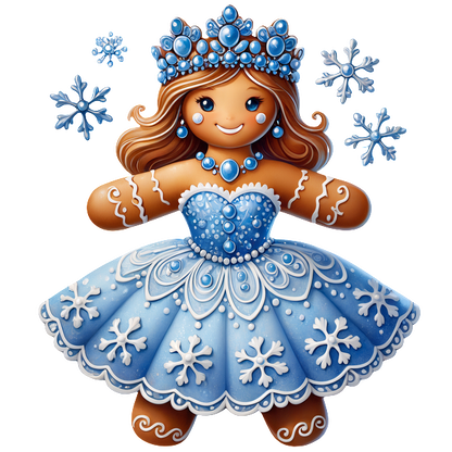 A charming gingerbread girl adorned in a sparkling blue dress, complete with a snowflake crown and frosty accents.DTF Transfers dtf transfers