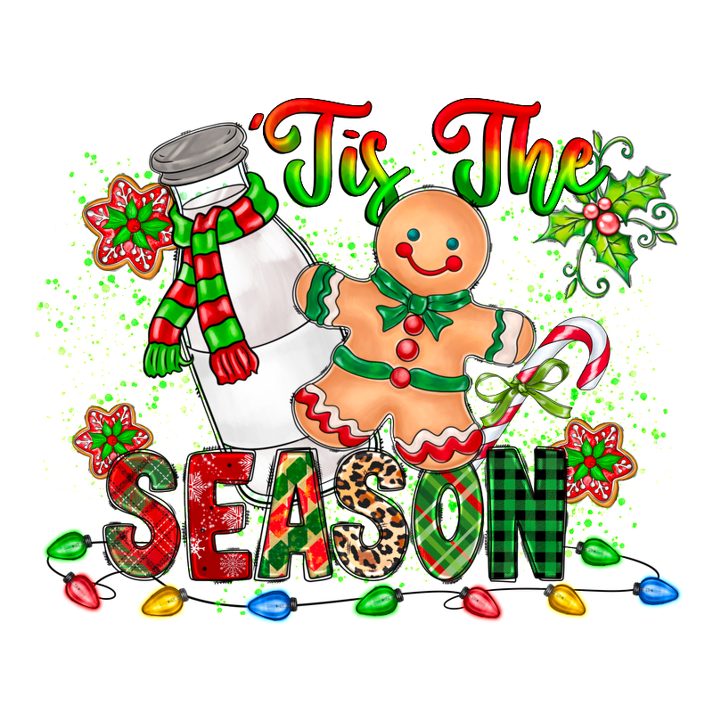 Celebrate the season with this festive illustration featuring a milk bottle, gingerbread cookie, candy cane, and colorful decorations.DTF Transfers heat press transfers dtf transfers