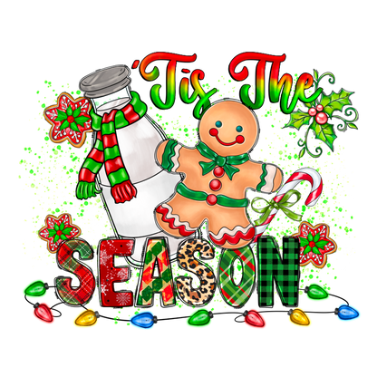 Celebrate the season with this festive illustration featuring a milk bottle, gingerbread cookie, candy cane, and colorful decorations.DTF Transfers heat press transfers dtf transfers