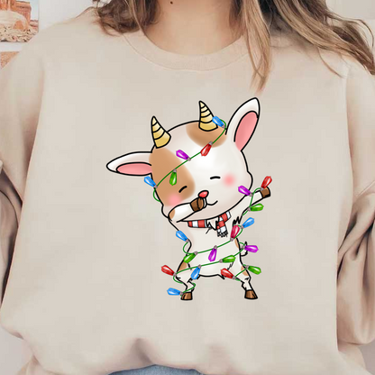 A cute cartoon goat playfully wrapped in colorful Christmas lights, wearing a striped scarf and sporting adorable horns. heat press transfers