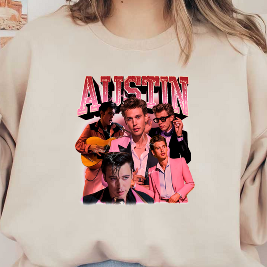 A vibrant collage featuring a young man styled in retro looks, showcasing music and charisma with a bold "AUSTIN" headline.DTF Transfers dtf prints