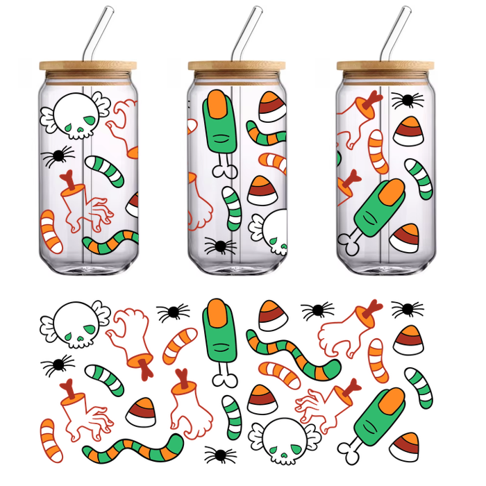 Colorful Halloween-themed illustration featuring spooky skulls, worms, and candy.UV Transfers