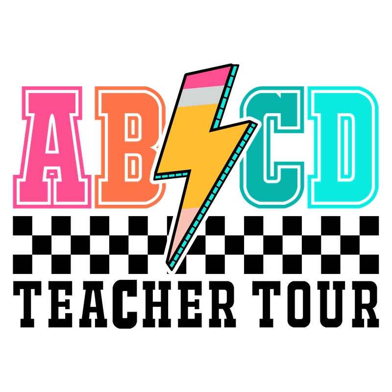 Vibrant graphic featuring the letters "ABCD" with a colorful lightning bolt, showcasing a fun and energetic design.DTF Transfers