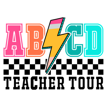 Vibrant graphic featuring the letters "ABCD" with a colorful lightning bolt, showcasing a fun and energetic design.DTF Transfers