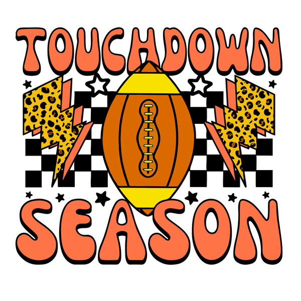 ¡Prepárate para el fútbol con este vibrante diseño "Touchdown Season" que incluye un balón de fútbol colorido y llamativos gráficos de rayos!