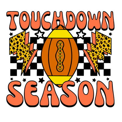 ¡Prepárate para el fútbol con este vibrante diseño "Touchdown Season" que incluye un balón de fútbol colorido y llamativos gráficos de rayos!