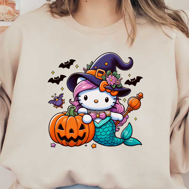 A whimsical Halloween-themed Hello Kitty dressed as a mermaid witch, holding a pumpkin and surrounded by bats and flowers.DTF Transfersdtf regular iron