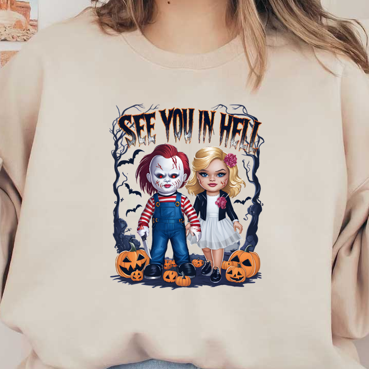 A spooky and playful illustration of two doll-like characters, featuring a sinister-looking boy and a stylish girl, surrounded by pumpkins. heat press transfers