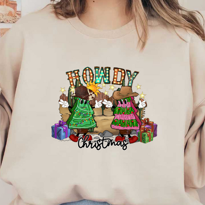 A festive design featuring cartoon Christmas trees in cowboy hats, adorned with lights and decorations, greeting winter with "Howdy Christmas!"DTF Transfers dtf prints