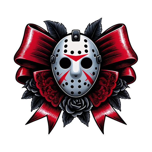 A striking graphic featuring a hockey mask adorned with red and black roses and a bold red ribbon background.dtf regular iron