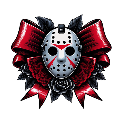 A striking graphic featuring a hockey mask adorned with red and black roses and a bold red ribbon background.dtf regular iron