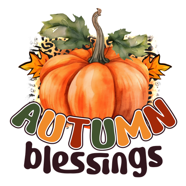 Celebrate the season with a charming autumn design featuring a vibrant pumpkin and colorful leaves alongside the words "Autumn Blessings." dtf prints