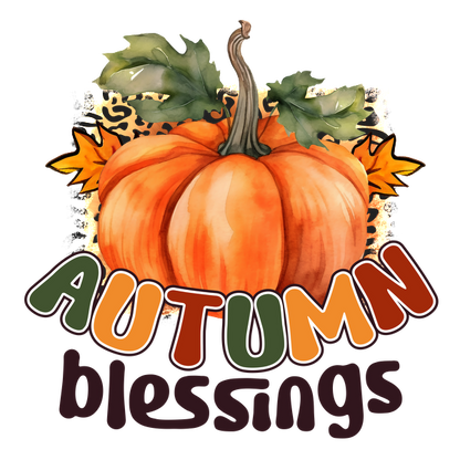 Celebrate the season with a charming autumn design featuring a vibrant pumpkin and colorful leaves alongside the words "Autumn Blessings." dtf prints