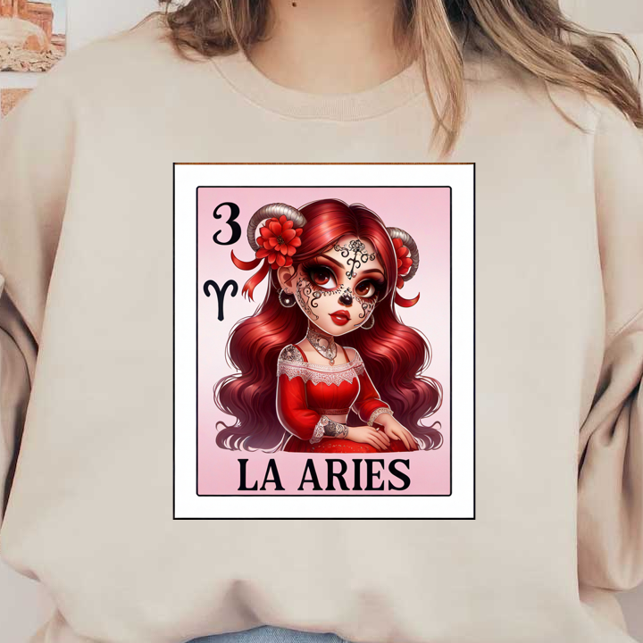 Una colorida ilustración que presenta a una chica con cabello rojo y maquillaje llamativo, que representa el signo zodiacal Aries en un estilo divertido.