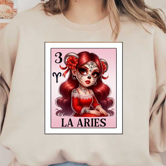 Una colorida ilustración que presenta a una chica con cabello rojo y maquillaje llamativo, que representa el signo zodiacal Aries en un estilo divertido.