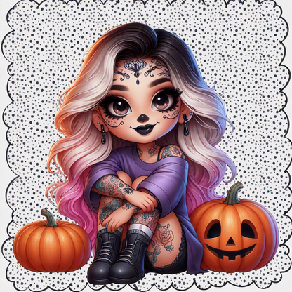 Esta encantadora ilustración presenta a una chica tatuada con un elegante cabello ombré, rodeada de divertidas linternas de Halloween, perfectas para el ambiente de Halloween.