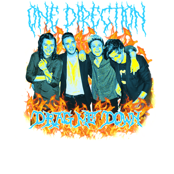 A vibrant graphic featuring the band One Direction, with a fiery backdrop and bold text for the song "Drag Me Down."DTF Transfers dtf prints