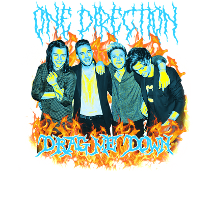 A vibrant graphic featuring the band One Direction, with a fiery backdrop and bold text for the song "Drag Me Down."DTF Transfers dtf prints