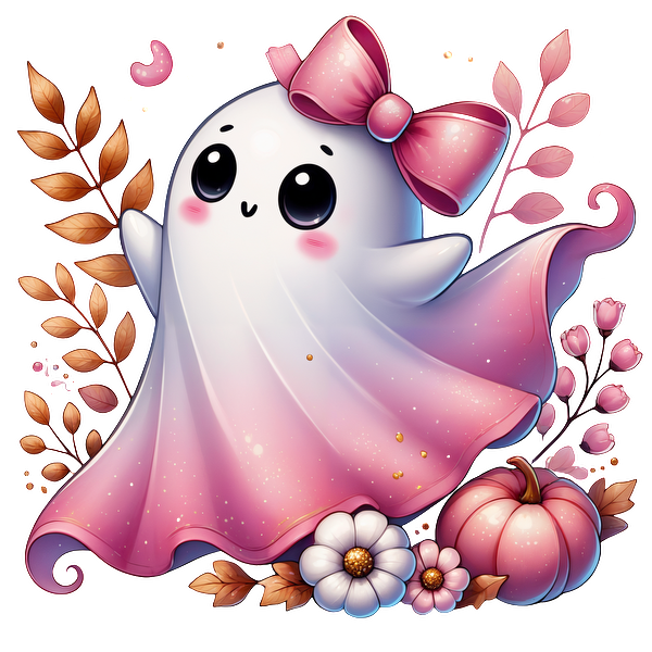 Este adorable personaje fantasma presenta un lazo rosa, una expresión alegre y está rodeado de hojas y flores de otoño.