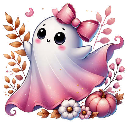 Este adorable personaje fantasma presenta un lazo rosa, una expresión alegre y está rodeado de hojas y flores de otoño.