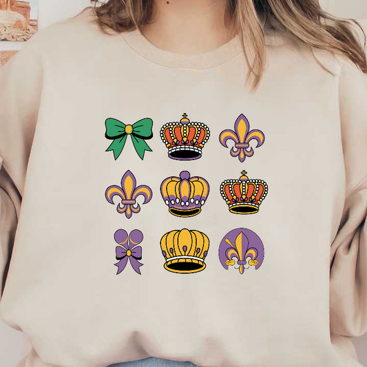 A colorful collection of nine crown and fleur-de-lis designs, featuring vibrant colors and playful details, perfect for festive themes.DTF Transfers