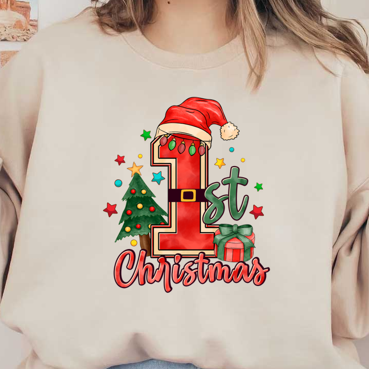 Celebrate your little one’s special day with this vibrant "1st Christmas" design featuring a festive tree, gifts, and cheerful colors! heat press transfers