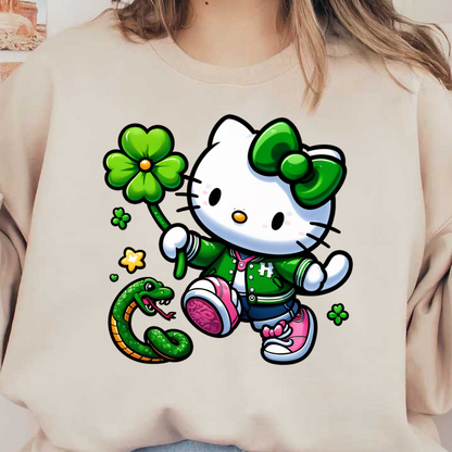 Hello Kitty is playfully depicted in a green varsity jacket, holding a four-leaf clover, with a cheerful green snake nearby.DTF Transfers dtf prints