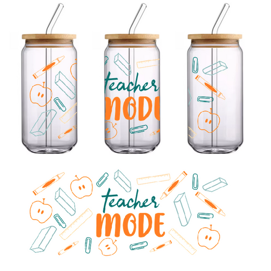 The "Teacher Mode" sign features pencil and apple designs.UV Transfers