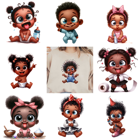 Cute cartoon baby designs include playful expressions and outfits.DTF Transfers
