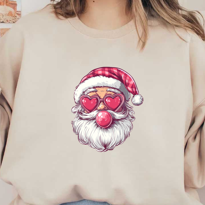 Una ilustración divertida y colorida de Papá Noel con gafas de sol en forma de corazón y una divertida burbuja de chicle, y usando un sombrero clásico.