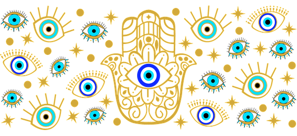 A vibrant design featuring the Hamsa hand surrounded by various blue and golden evil eye symbols, emphasizing protection and blessings.UV Transfers heat press transfers