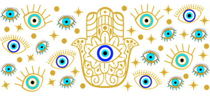 A vibrant design featuring the Hamsa hand surrounded by various blue and golden evil eye symbols, emphasizing protection and blessings.UV Transfers heat press transfers