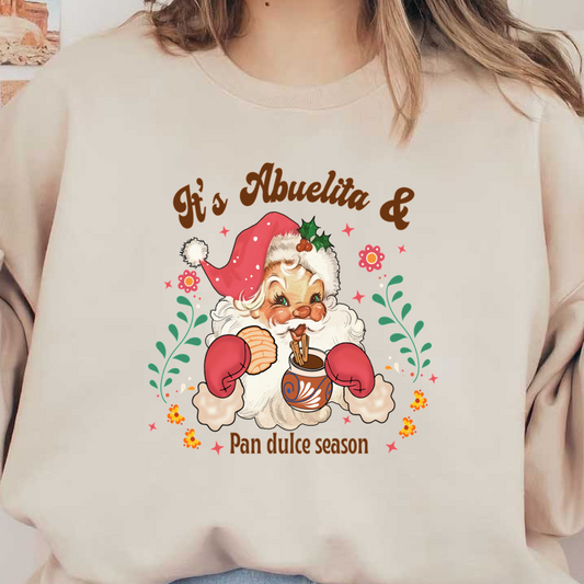 Celebrate the joyful "Pan dulce season" with this whimsical illustration of a Santa figure enjoying traditional treats!DTF Transfersdtf regular iron heat press transfers