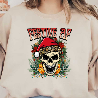 A bold and playful holiday-themed graphic featuring a smiling skull in a Santa hat adorned with leopard print, surrounded by festive greenery. dtf transfers dtf transfers