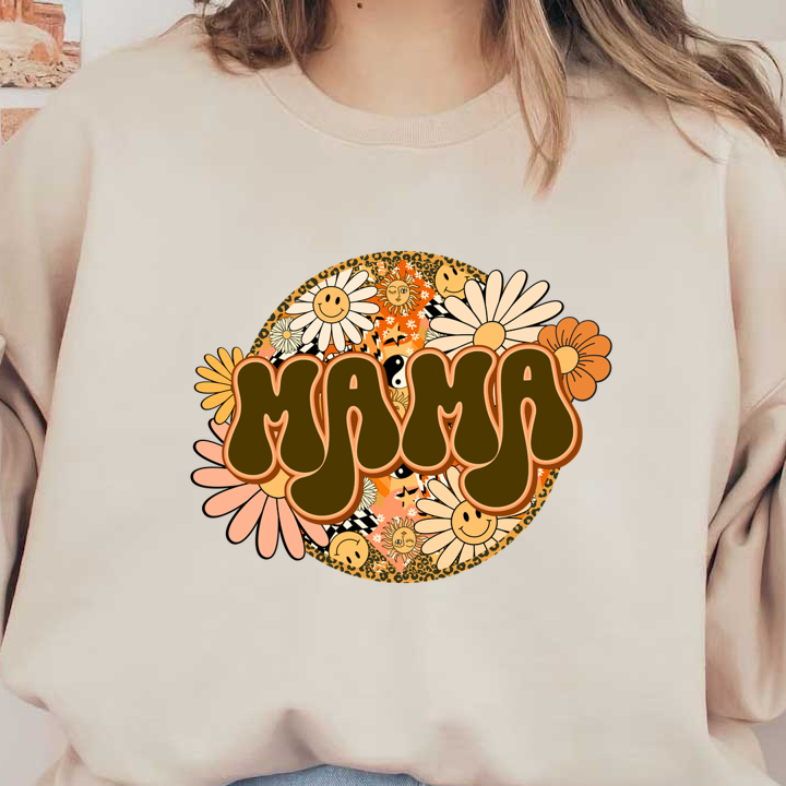 A vibrant and playful design featuring the word "MAMA" surrounded by cheerful flowers and smiley faces in retro colors. heat press transfers