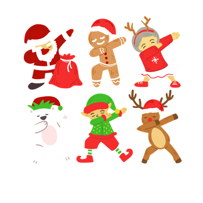 Celebrate the holidays with this cheerful lineup of festive characters, including Santa, gingerbread, elves, and adorable animals!DTF Transfers heat press transfers