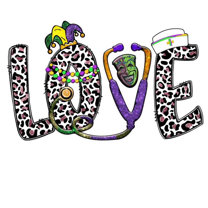 A cheerful and vibrant design featuring the word "LOVE" adorned with Mardi Gras decorations, a playful mask, and a stethoscope.DTF Transfers