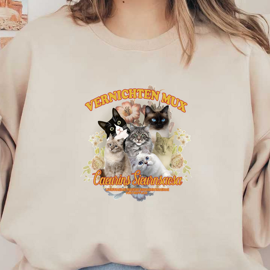 Un diseño caprichoso que presenta un collage de varias caras de gatos rodeadas de elementos florales y texto divertido, perfecto para los amantes de los gatos.