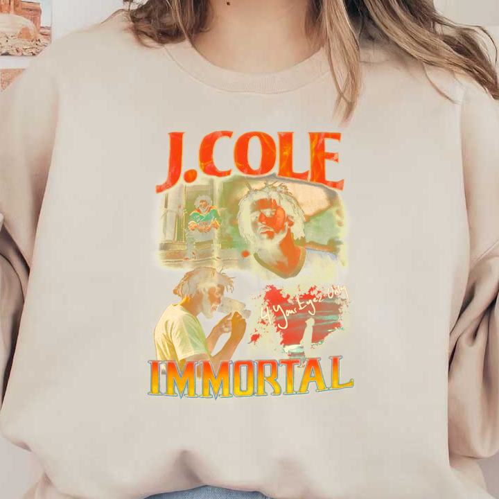 Vibrant artwork featuring J. Cole, titled "Immortal," showcasing his distinctive style and artistic expression.DTF Transfers